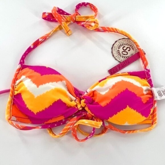 Reversible Bikini Halter Top Juniors Sz L Pink Orange Yellow Stripe Chevron - Picture 3 of 11